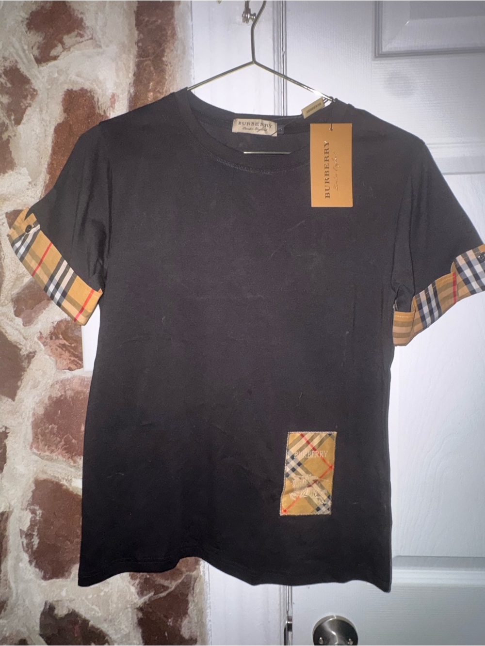 Burberry Black Short Sleeve Tee with Vintage Check Accents